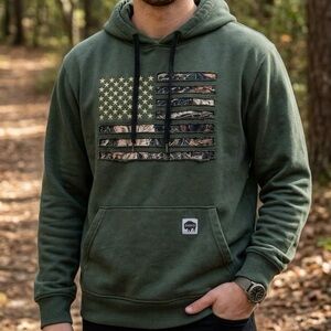 Buffalo Outdoors Army Green Camo American Flag Gold Stars Hoodie Fleece XL
